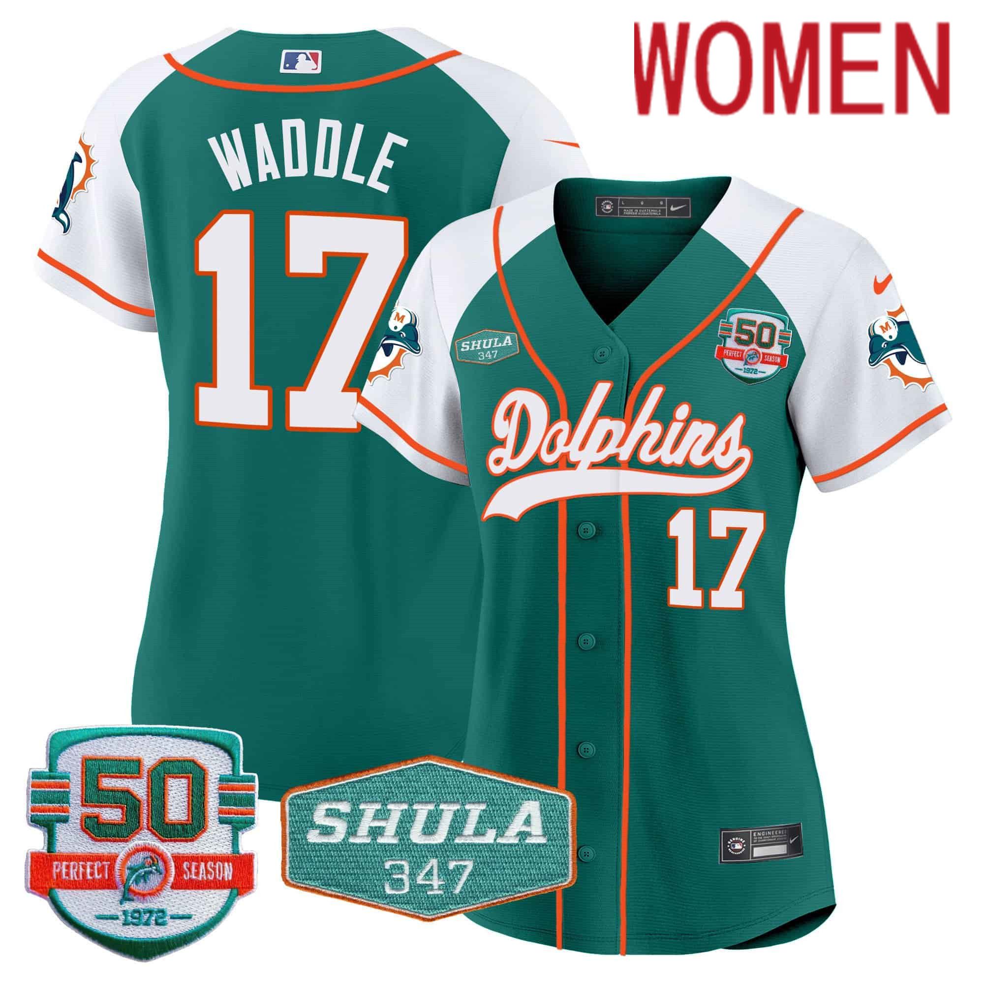 Women Miami Dolphins #17 Waddle Green 2024 Nike 50th Don Shula Memorial Patch Baseball NFL Jersey->women nfl jersey->Women Jersey